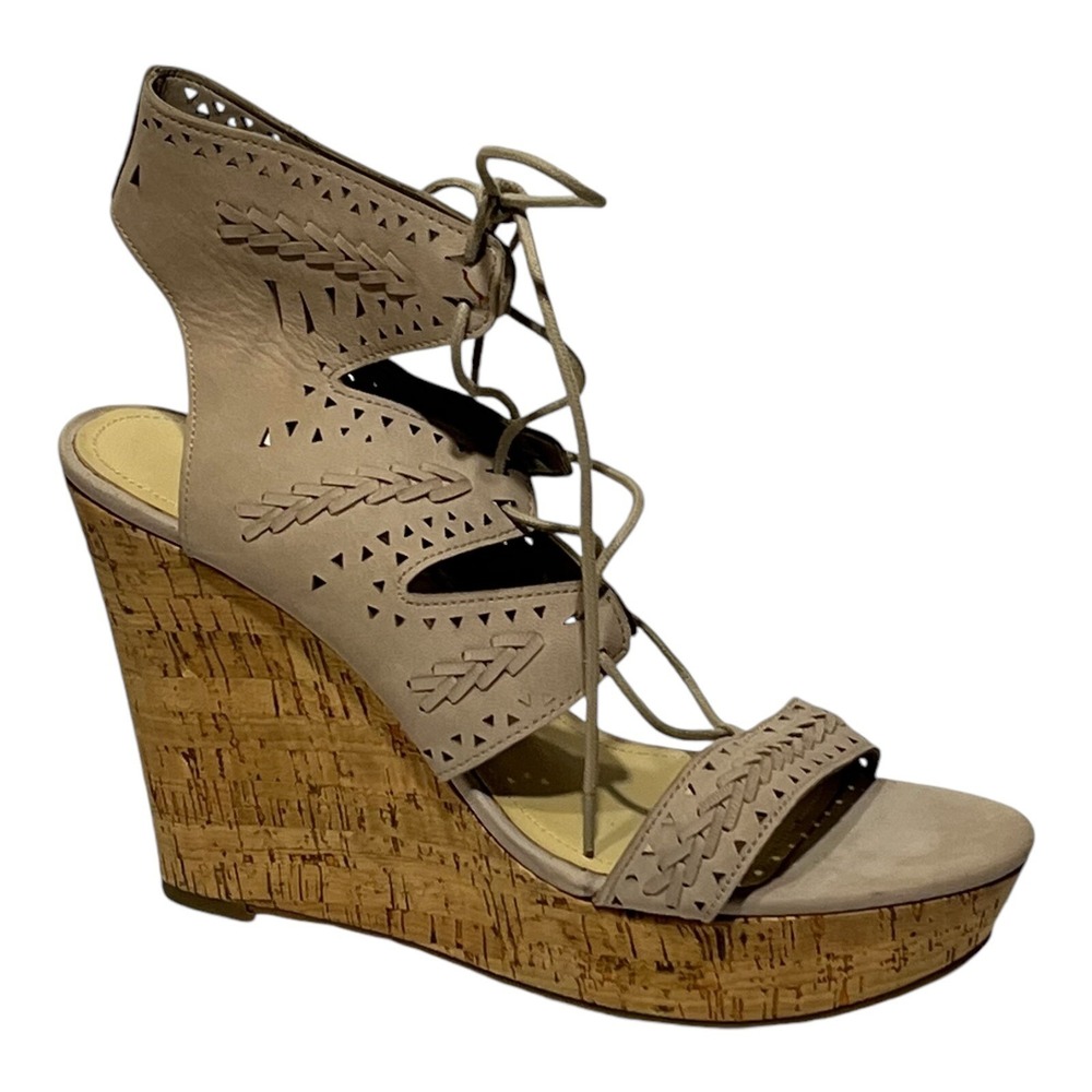 Marc Fisher Hosana Taupe Nubuck Leather Lace Up Cork Wedge Sandals Womens 11M